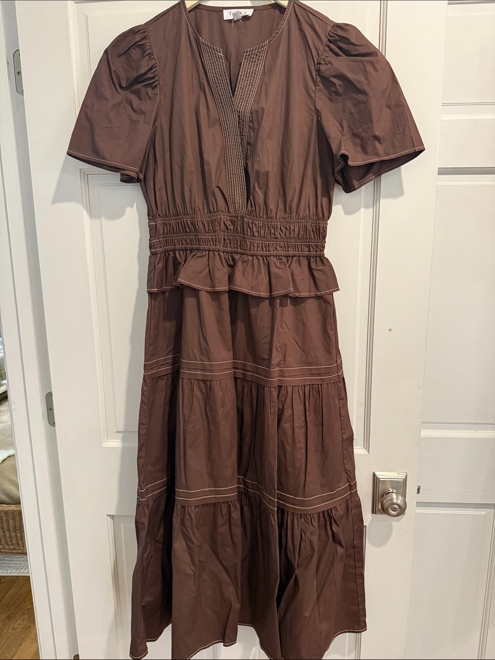 THML Brown Tiered Maxi Dress with Puff Sleeves